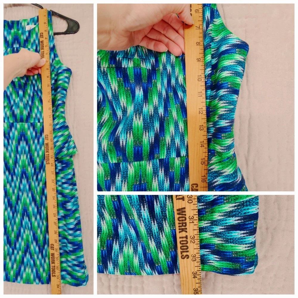 Milly Sheath Dress 2 Blue Green Abstract Peplum Geometric Sleeveless Mini Y3K